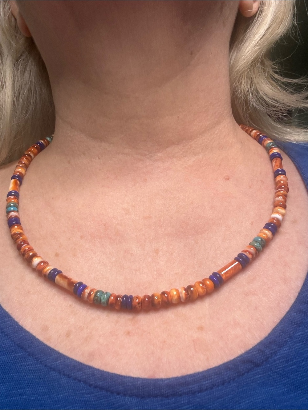 Handmade Orange Multicolor Spiny Oyster Shell, Lapis & Turquoise Bead Necklace
